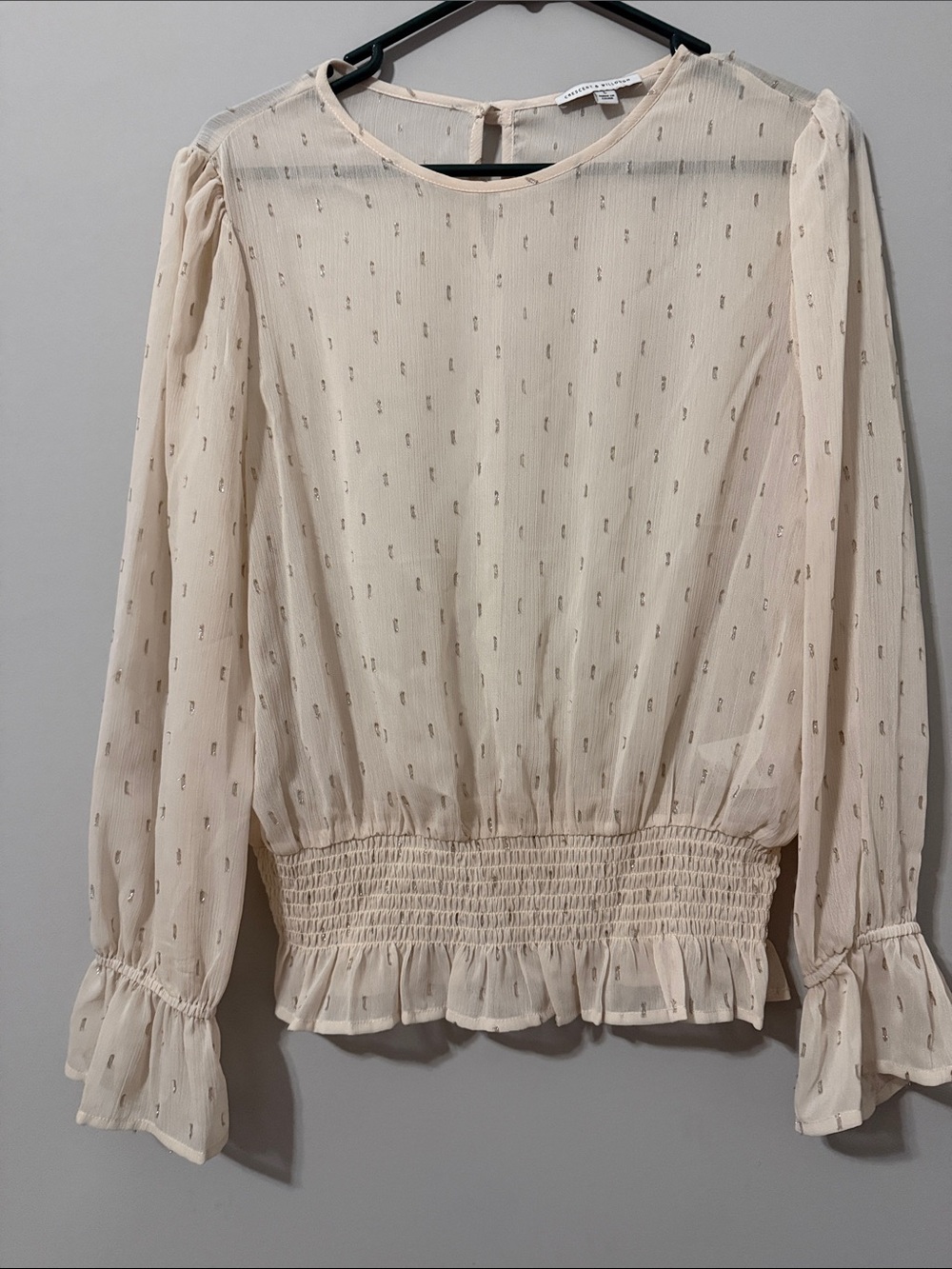 Light Cream Smocked-Waist Sheer Blouse by Crescent &Wllough